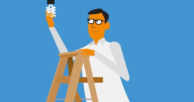 Cartoon man on a ladder changing a light bulb